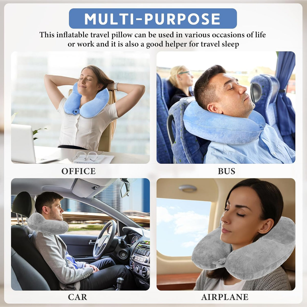 2 Inflatable Neck Pillow Airplane Travel, Light Gray and Dark Blue