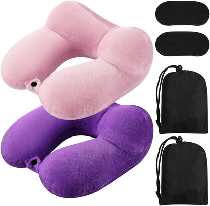 2 Inflatable Neck Pillow Airplane Travel, Light Gray and Dark Blue
