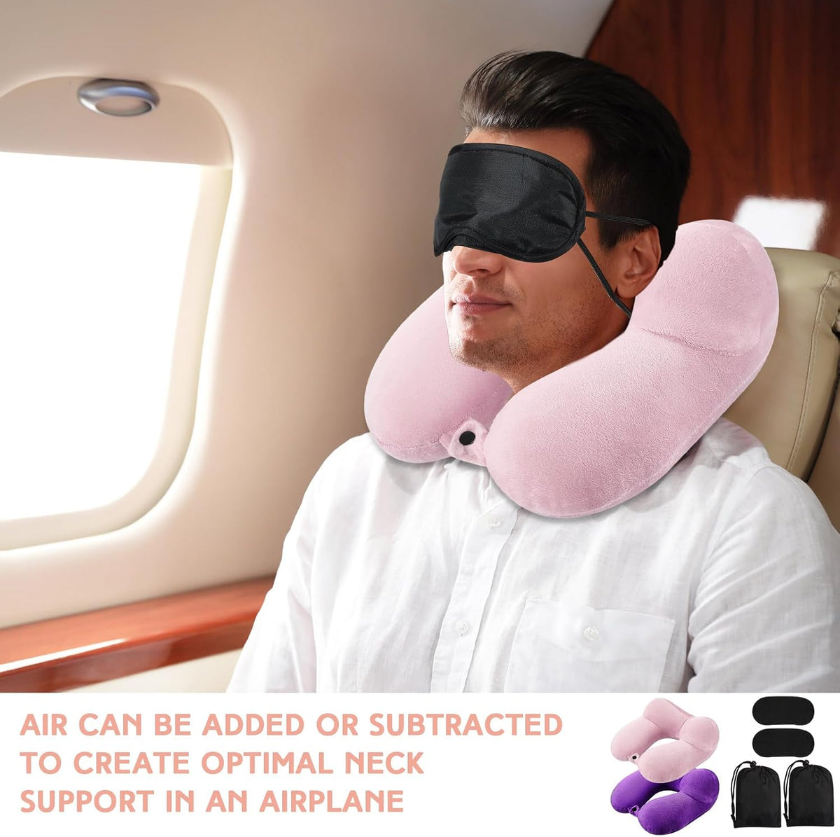 2 Inflatable Neck Pillow Airplane Travel, Light Gray and Dark Blue