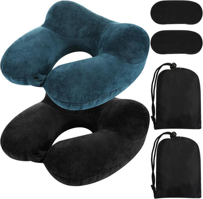 2 Inflatable Neck Pillow Airplane Travel, Light Gray and Dark Blue