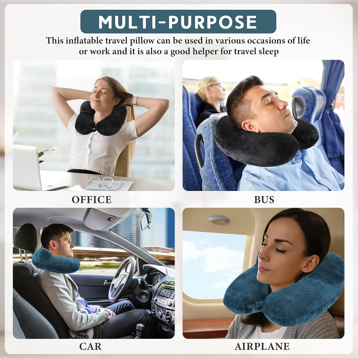 2 Inflatable Neck Pillow Airplane Travel, Light Gray and Dark Blue