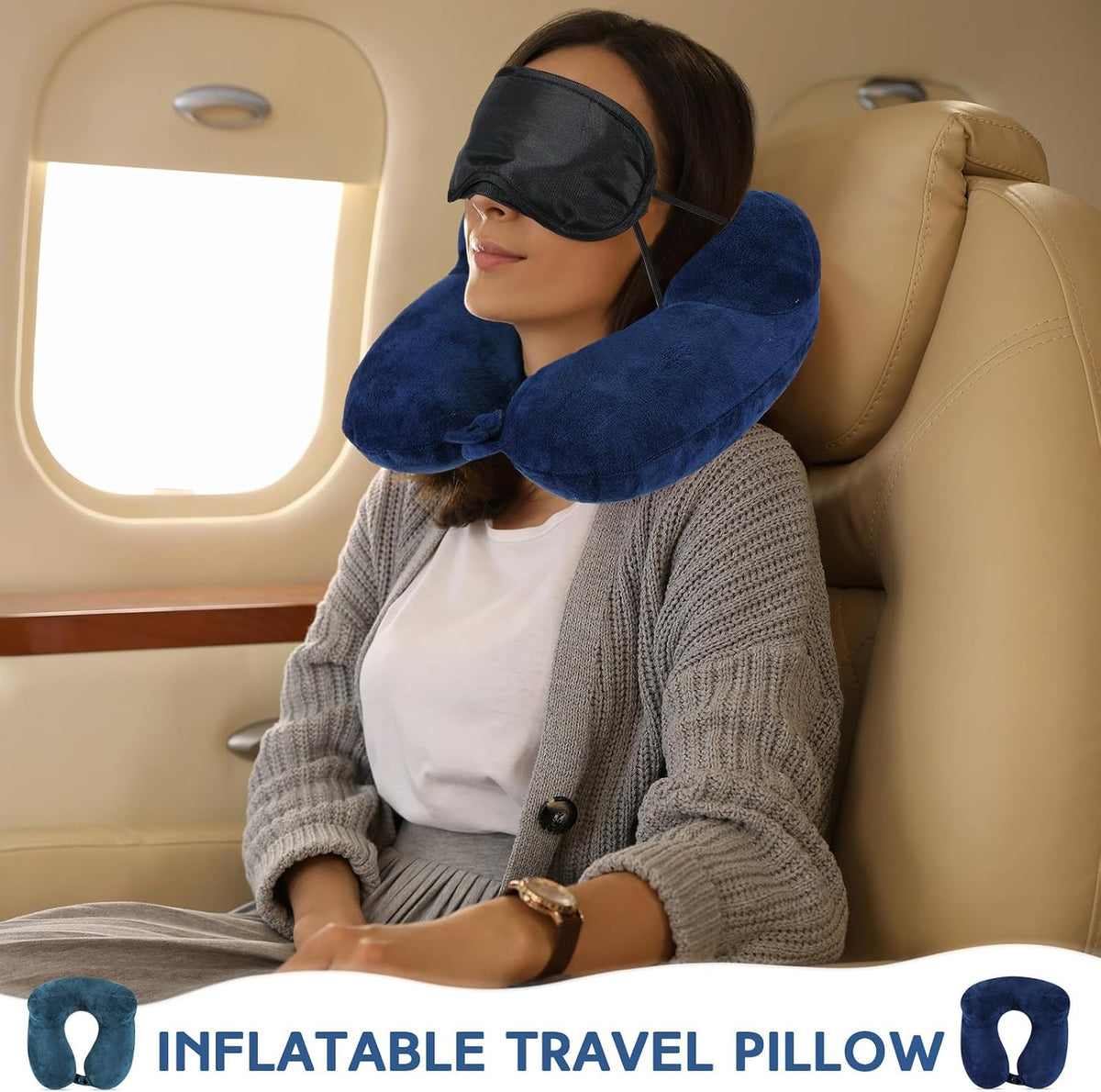 2 Inflatable Neck Pillow Airplane Travel, Light Gray and Dark Blue
