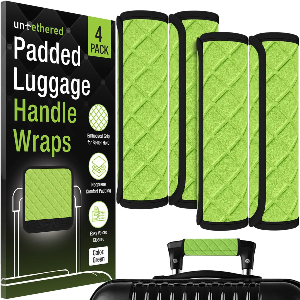 Luggage Handle Wraps (4-Pack) | Padded Suitcase Handle Covers with Diamond-Grip Design – Comfortable Neoprene Travel Handle Wraps for Luggage, Bags & Suitcases. (4-Pack | Green)