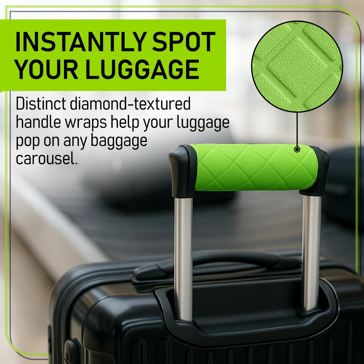 Luggage Handle Wraps (4-Pack) | Padded Suitcase Handle Covers with Diamond-Grip Design – Comfortable Neoprene Travel Handle Wraps for Luggage, Bags & Suitcases. (4-Pack | Green)