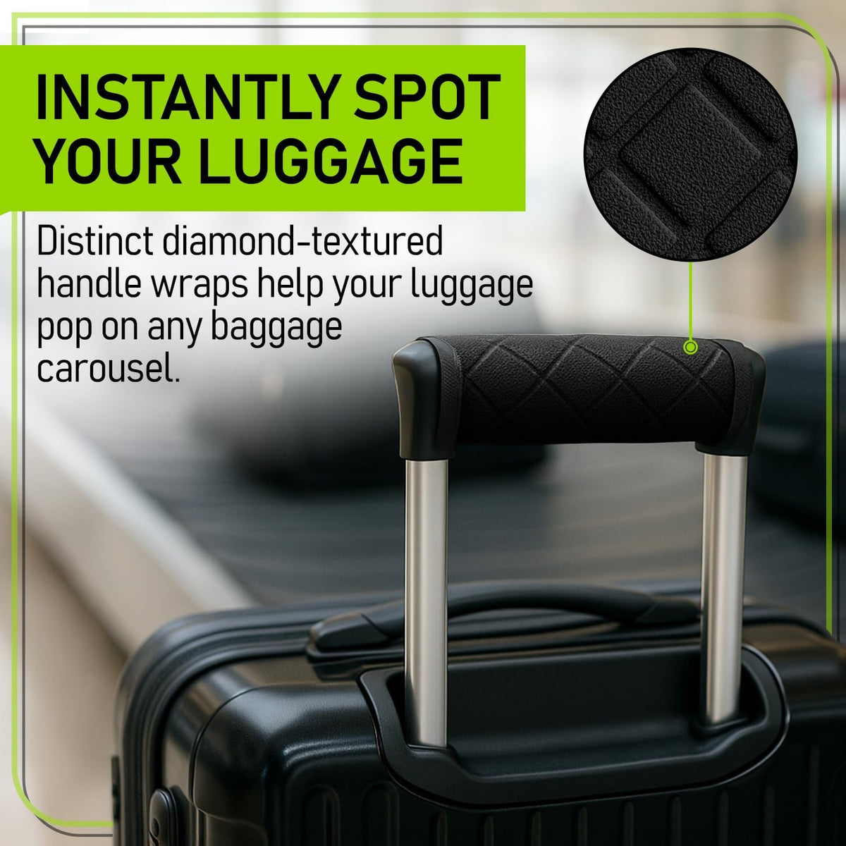 Luggage Handle Wraps (4-Pack) | Padded Suitcase Handle Covers with Diamond-Grip Design – Comfortable Neoprene Travel Handle Wraps for Luggage, Bags & Suitcases. (4-Pack | Green)