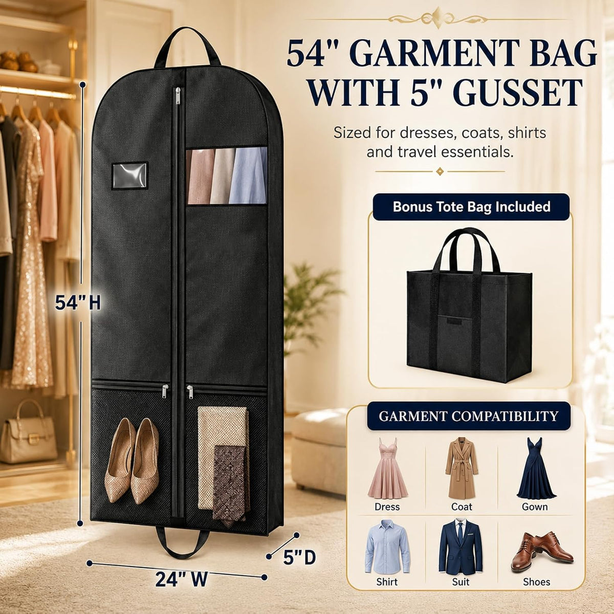 Suit Garment Bag for Men, 54-Inch Travel Cover with Rear Zip Storage