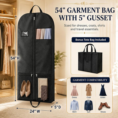Suit Garment Bag for Men, 54-Inch Travel Cover with Rear Zip Storage