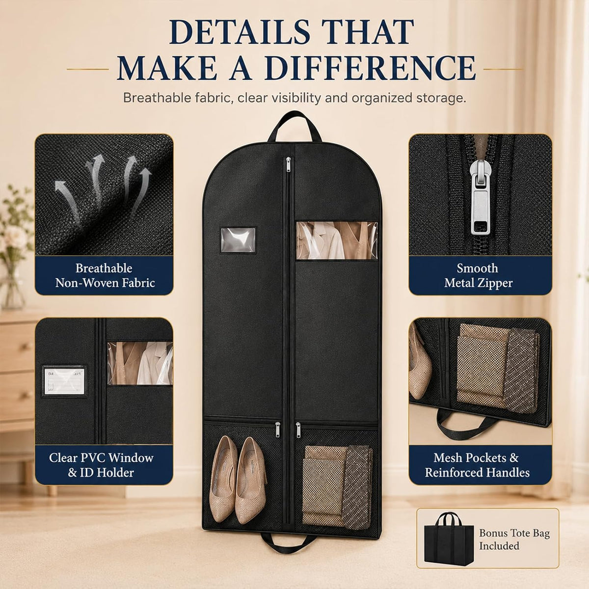 Suit Garment Bag for Men, 54-Inch Travel Cover with Rear Zip Storage