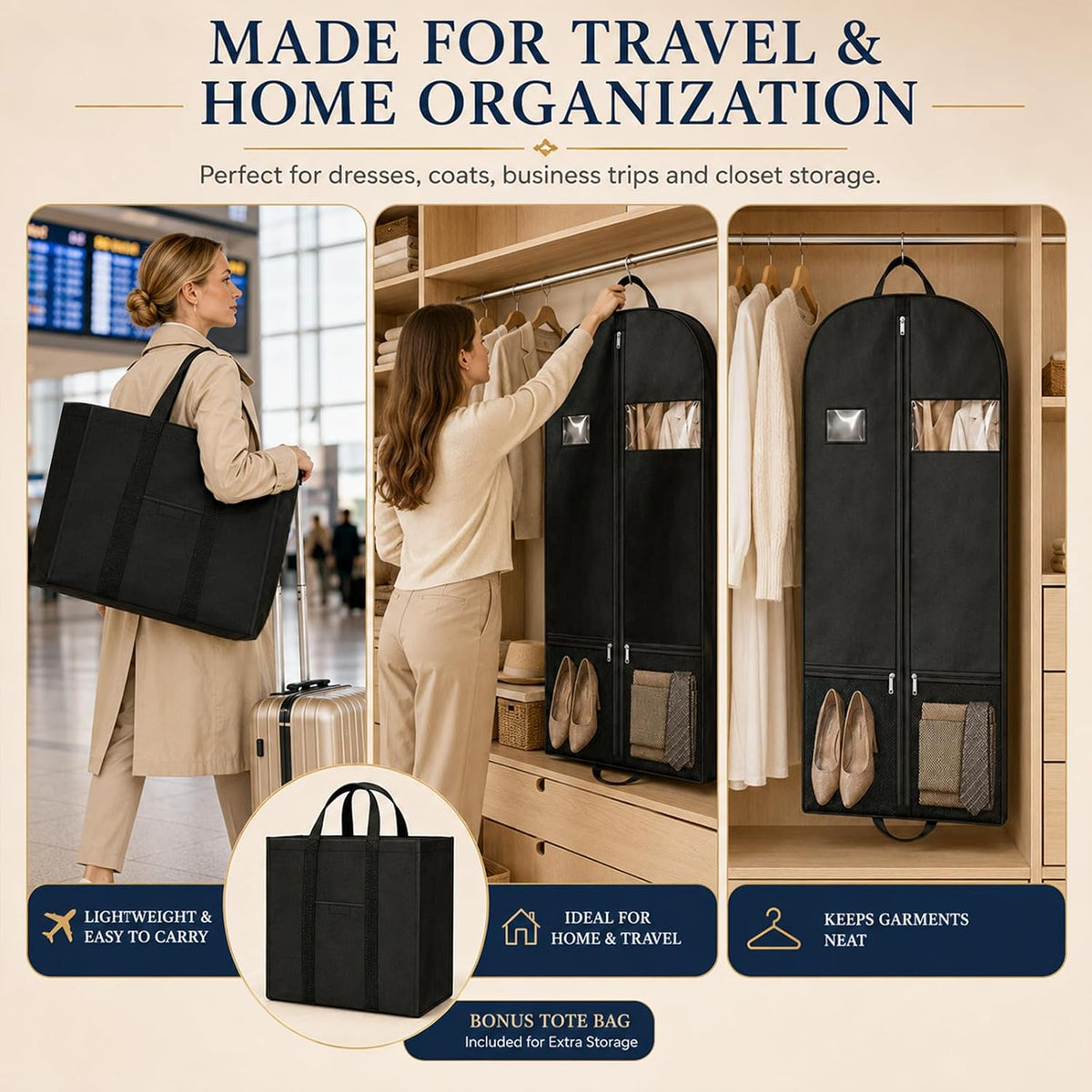 Suit Garment Bag for Men, 54-Inch Travel Cover with Rear Zip Storage