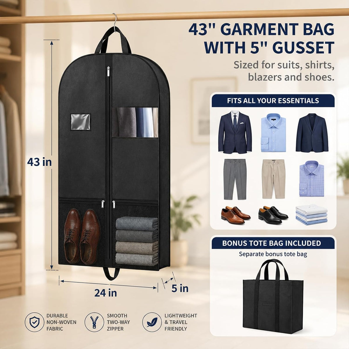 Suit Garment Bag for Men, 54-Inch Travel Cover with Rear Zip Storage