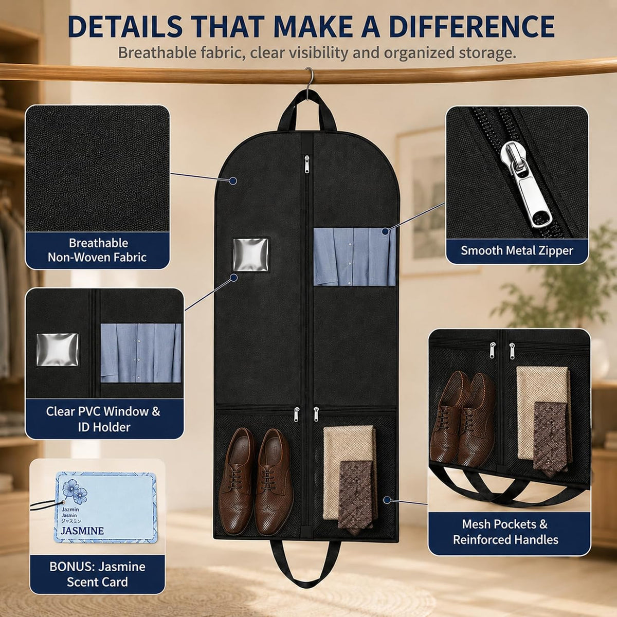 Suit Garment Bag for Men, 54-Inch Travel Cover with Rear Zip Storage