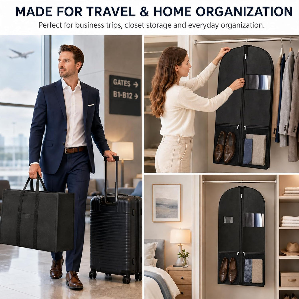 Suit Garment Bag for Men, 54-Inch Travel Cover with Rear Zip Storage