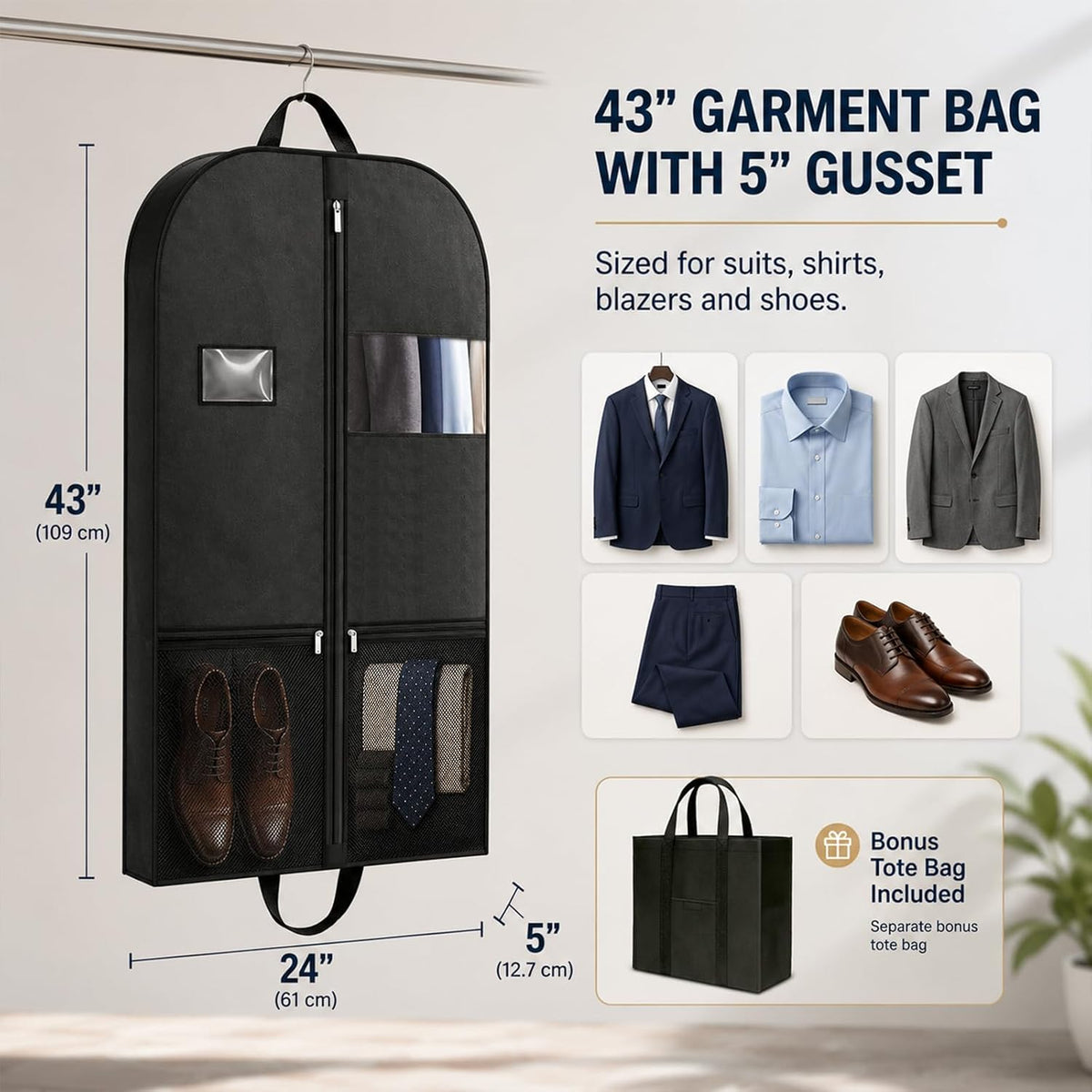 Suit Garment Bag for Men, 54-Inch Travel Cover with Rear Zip Storage