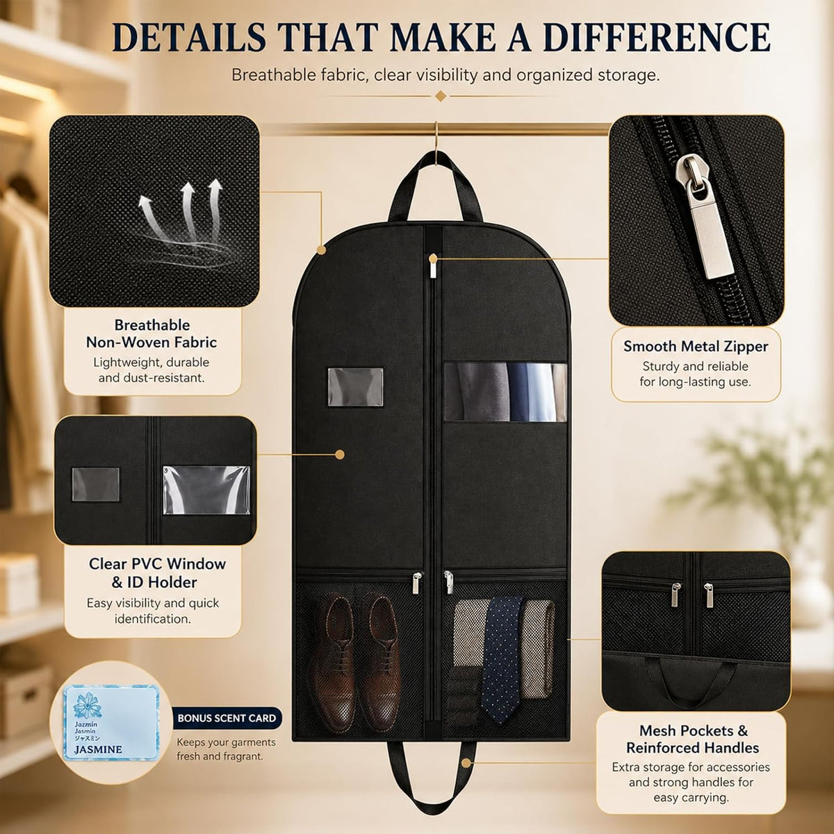 Suit Garment Bag for Men, 54-Inch Travel Cover with Rear Zip Storage