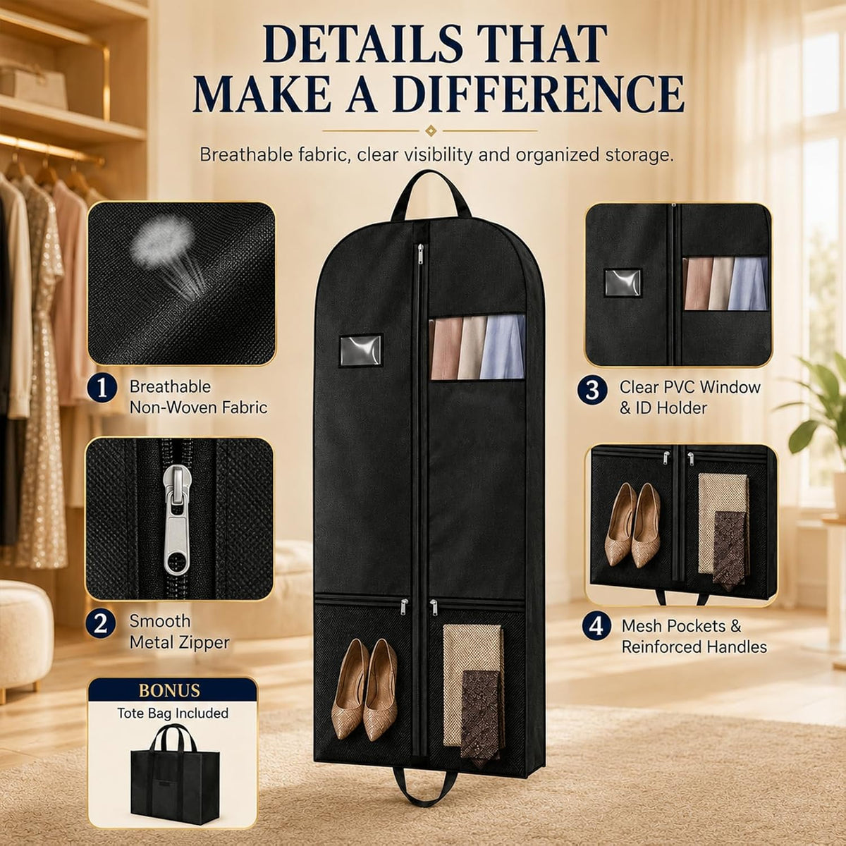 Suit Garment Bag for Men, 54-Inch Travel Cover with Rear Zip Storage