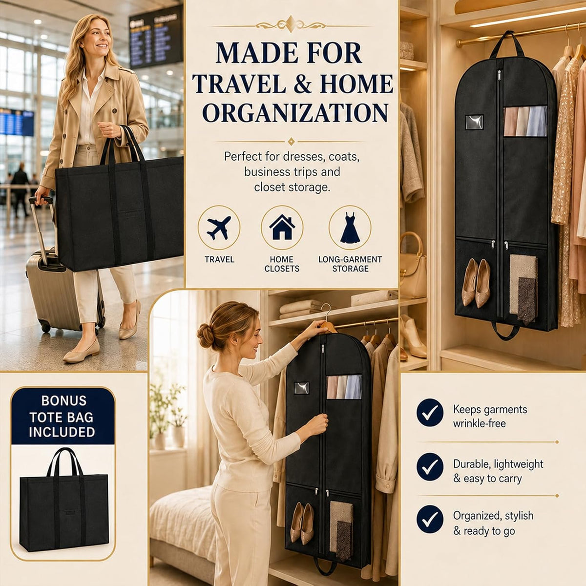 Suit Garment Bag for Men, 54-Inch Travel Cover with Rear Zip Storage