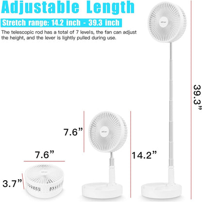 Stand Fan,Folding Portable Telescopic Floor/USB Desk Fan with 7200mAh Rechargeable Battery,4 Speeds Super Quiet Adjustable Height and Head Great for Office Home Outdoor Camping