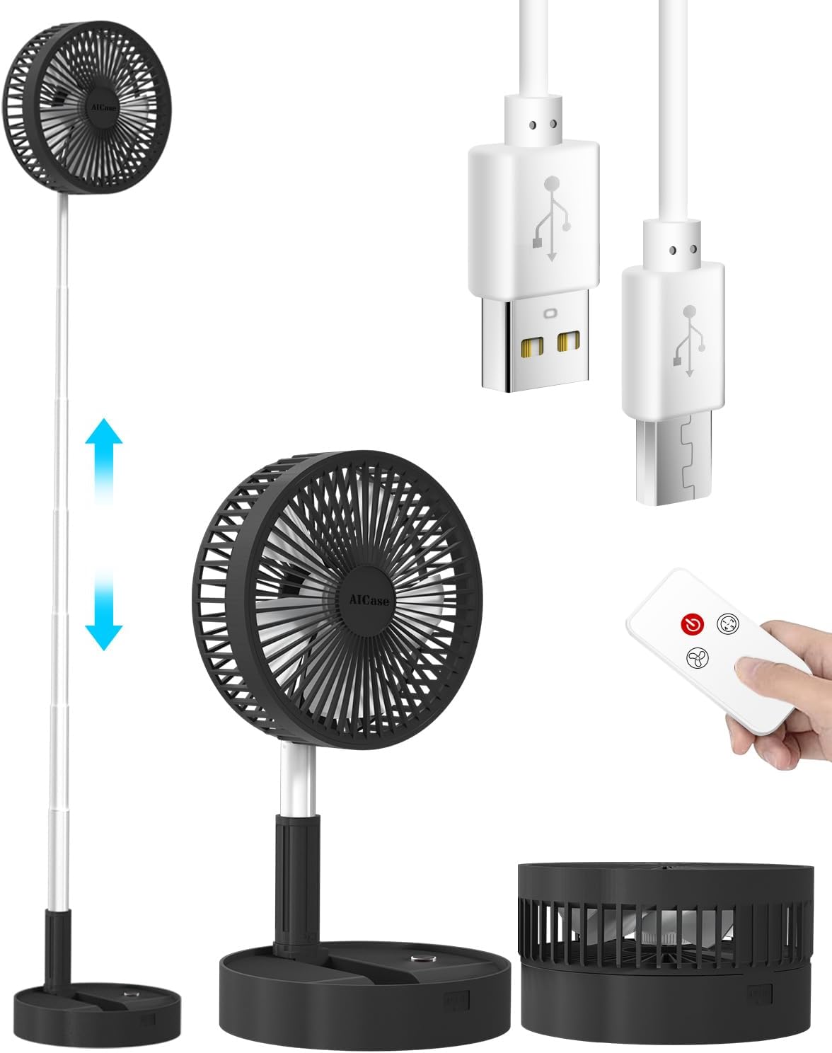 Stand Fan,Folding Portable Telescopic Floor/USB Desk Fan with 7200mAh Rechargeable Battery,4 Speeds Super Quiet Adjustable Height and Head Great for Office Home Outdoor Camping
