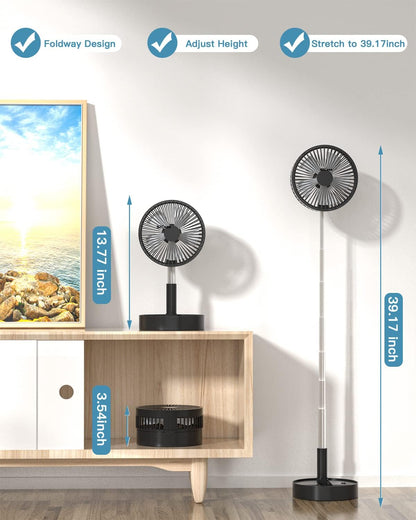 Stand Fan,Folding Portable Telescopic Floor/USB Desk Fan with 7200mAh Rechargeable Battery,4 Speeds Super Quiet Adjustable Height and Head Great for Office Home Outdoor Camping