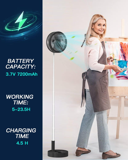 Stand Fan,Folding Portable Telescopic Floor/USB Desk Fan with 7200mAh Rechargeable Battery,4 Speeds Super Quiet Adjustable Height and Head Great for Office Home Outdoor Camping