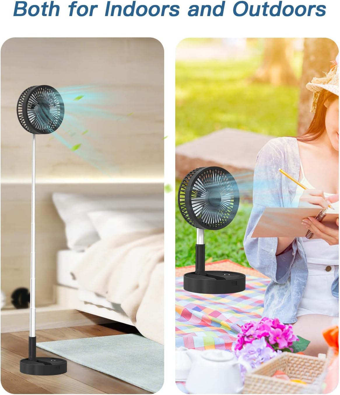 Stand Fan,Folding Portable Telescopic Floor/USB Desk Fan with 7200mAh Rechargeable Battery,4 Speeds Super Quiet Adjustable Height and Head Great for Office Home Outdoor Camping