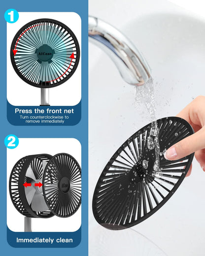 Stand Fan,Folding Portable Telescopic Floor/USB Desk Fan with 7200mAh Rechargeable Battery,4 Speeds Super Quiet Adjustable Height and Head Great for Office Home Outdoor Camping