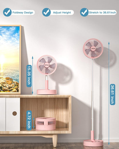 Stand Fan,Folding Portable Telescopic Floor/USB Desk Fan with 7200mAh Rechargeable Battery,4 Speeds Super Quiet Adjustable Height and Head Great for Office Home Outdoor Camping