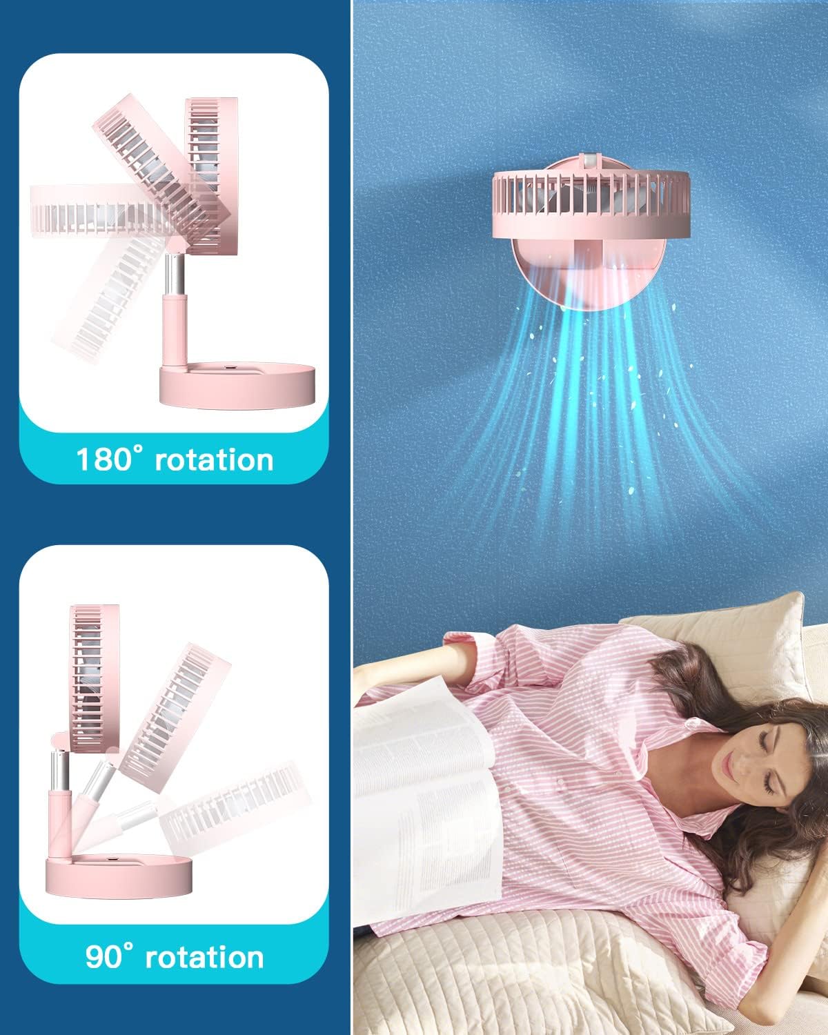 Stand Fan,Folding Portable Telescopic Floor/USB Desk Fan with 7200mAh Rechargeable Battery,4 Speeds Super Quiet Adjustable Height and Head Great for Office Home Outdoor Camping