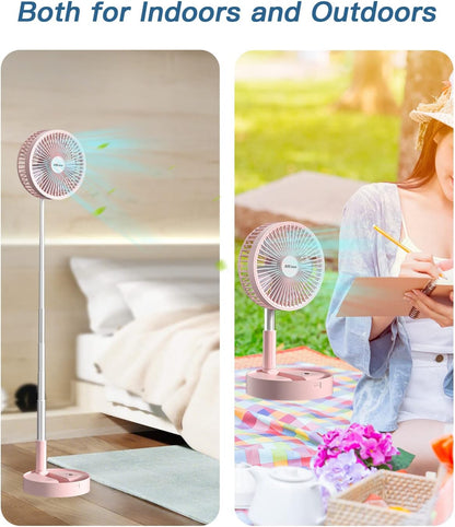 Stand Fan,Folding Portable Telescopic Floor/USB Desk Fan with 7200mAh Rechargeable Battery,4 Speeds Super Quiet Adjustable Height and Head Great for Office Home Outdoor Camping