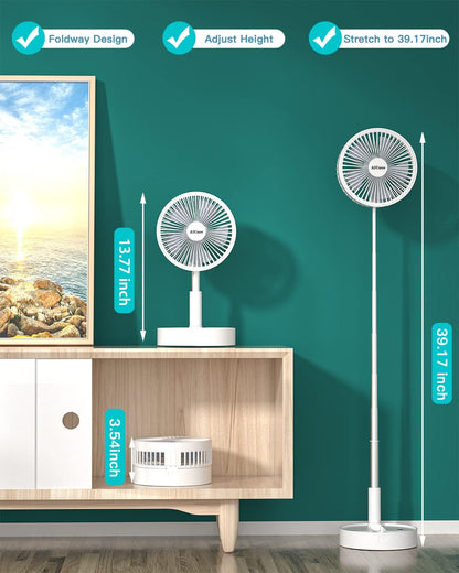 Stand Fan,Folding Portable Telescopic Floor/USB Desk Fan with 7200mAh Rechargeable Battery,4 Speeds Super Quiet Adjustable Height and Head Great for Office Home Outdoor Camping