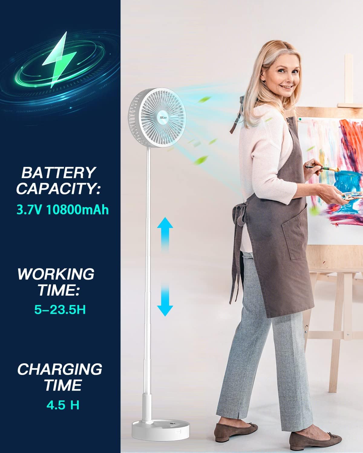 Stand Fan,Folding Portable Telescopic Floor/USB Desk Fan with 7200mAh Rechargeable Battery,4 Speeds Super Quiet Adjustable Height and Head Great for Office Home Outdoor Camping
