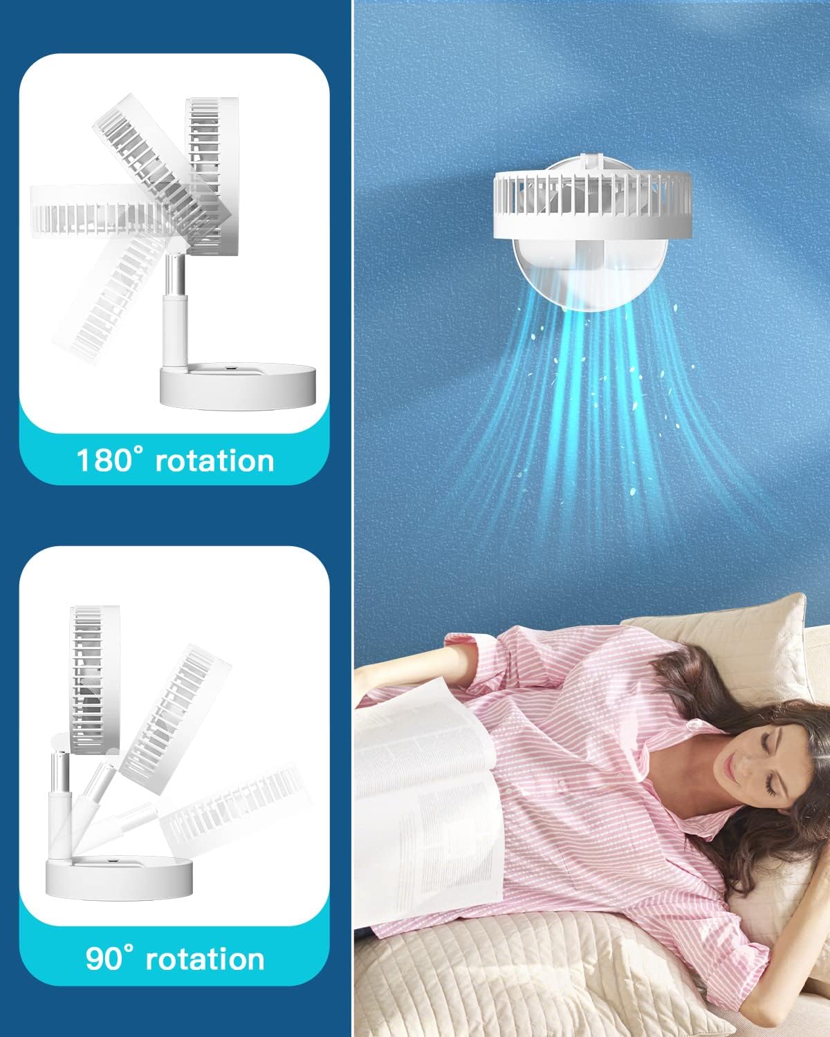 Stand Fan,Folding Portable Telescopic Floor/USB Desk Fan with 7200mAh Rechargeable Battery,4 Speeds Super Quiet Adjustable Height and Head Great for Office Home Outdoor Camping