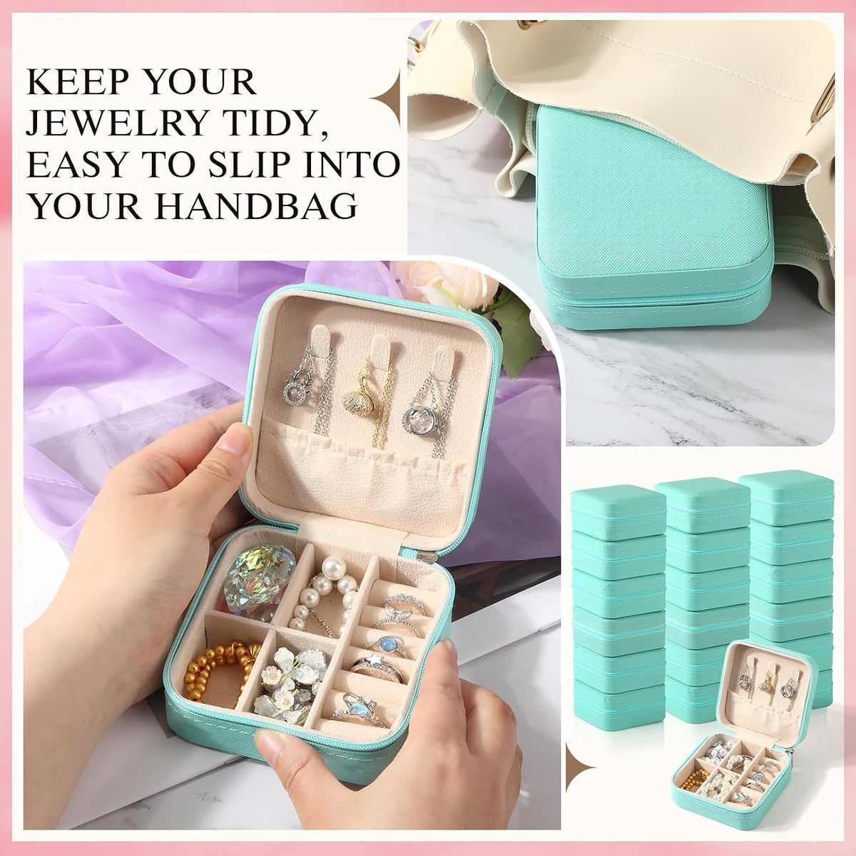 18 Pack Travel Jewelry Case, Small Travel Jewelry Organizer Box with Mirror, PU Leather Mini Jewelry Storage Holder for Rings Earrings Necklaces, Bridesmaid Gifts for Women Girls – Pink