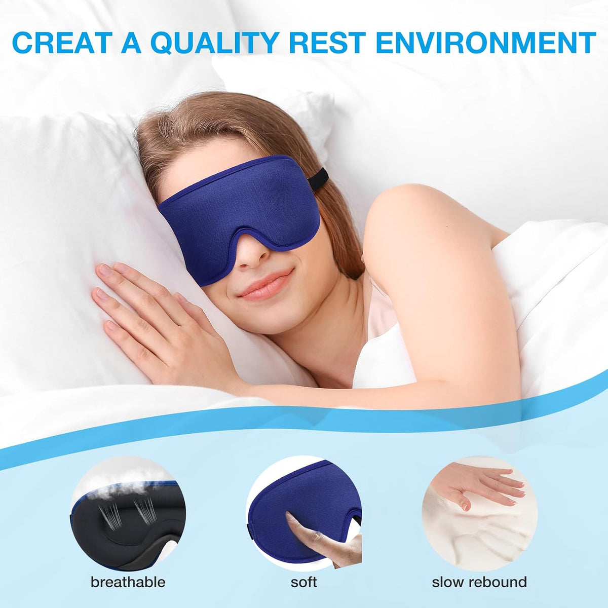 3D Blackout Sleep Mask for Side Sleepers, 5 Pairs Ear Plugs, Blue