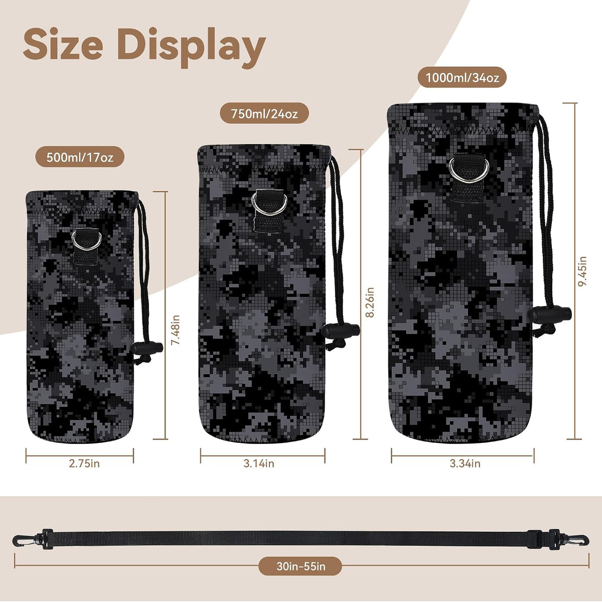 Water Bottle Sling Bag Carrier Crossbody Sleeve,Insulated Neoprene Bottle Case Holder Pouch Cover 500ML/17oz with Shoulder Strap for Walking Women Men
