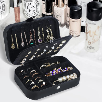 Hatori Travel Jewelry Box, PU Leather Small Jewelry Organizer for Women Girls, Double Layer Portable Mini Travel Case Display Storage Holder Boxes for Stud Earrings, Rings (Black)