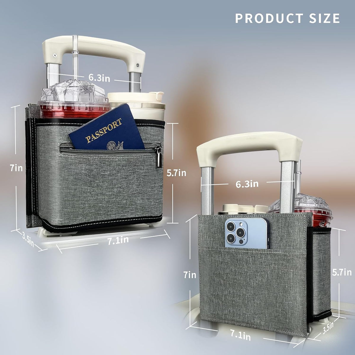 Travel Luggage Cup Holder, Drink Caddy, Luggage Cup Holder Attachment, Free Hand Suitcase Drink Carrier for Drinks Beverages, Coffee, Bottles, Snack (Gray)