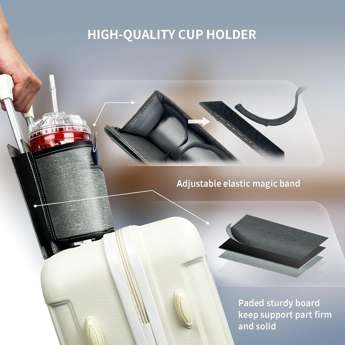 Travel Luggage Cup Holder, Drink Caddy, Luggage Cup Holder Attachment, Free Hand Suitcase Drink Carrier for Drinks Beverages, Coffee, Bottles, Snack (Gray)