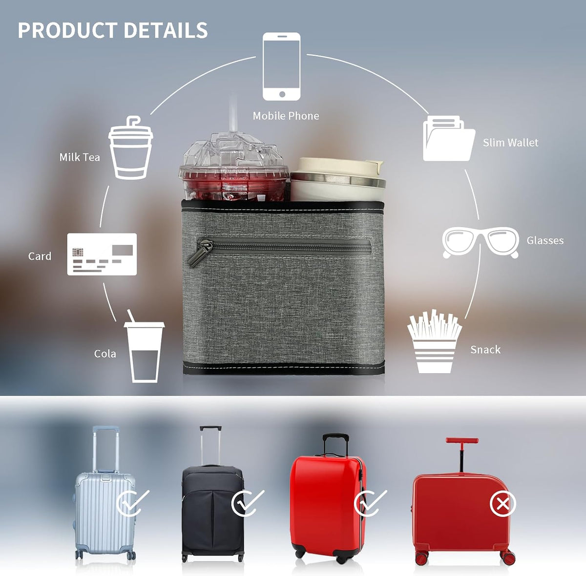 Travel Luggage Cup Holder, Drink Caddy, Luggage Cup Holder Attachment, Free Hand Suitcase Drink Carrier for Drinks Beverages, Coffee, Bottles, Snack (Gray)
