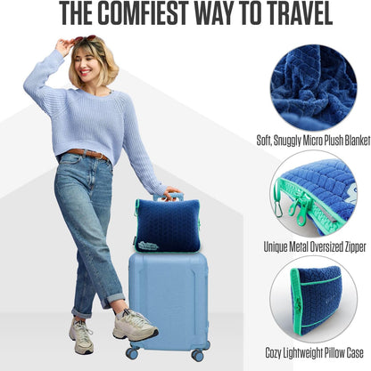 Travel Blanket Pillow, 2-in-1 Soft Plush - Navy/Teal
