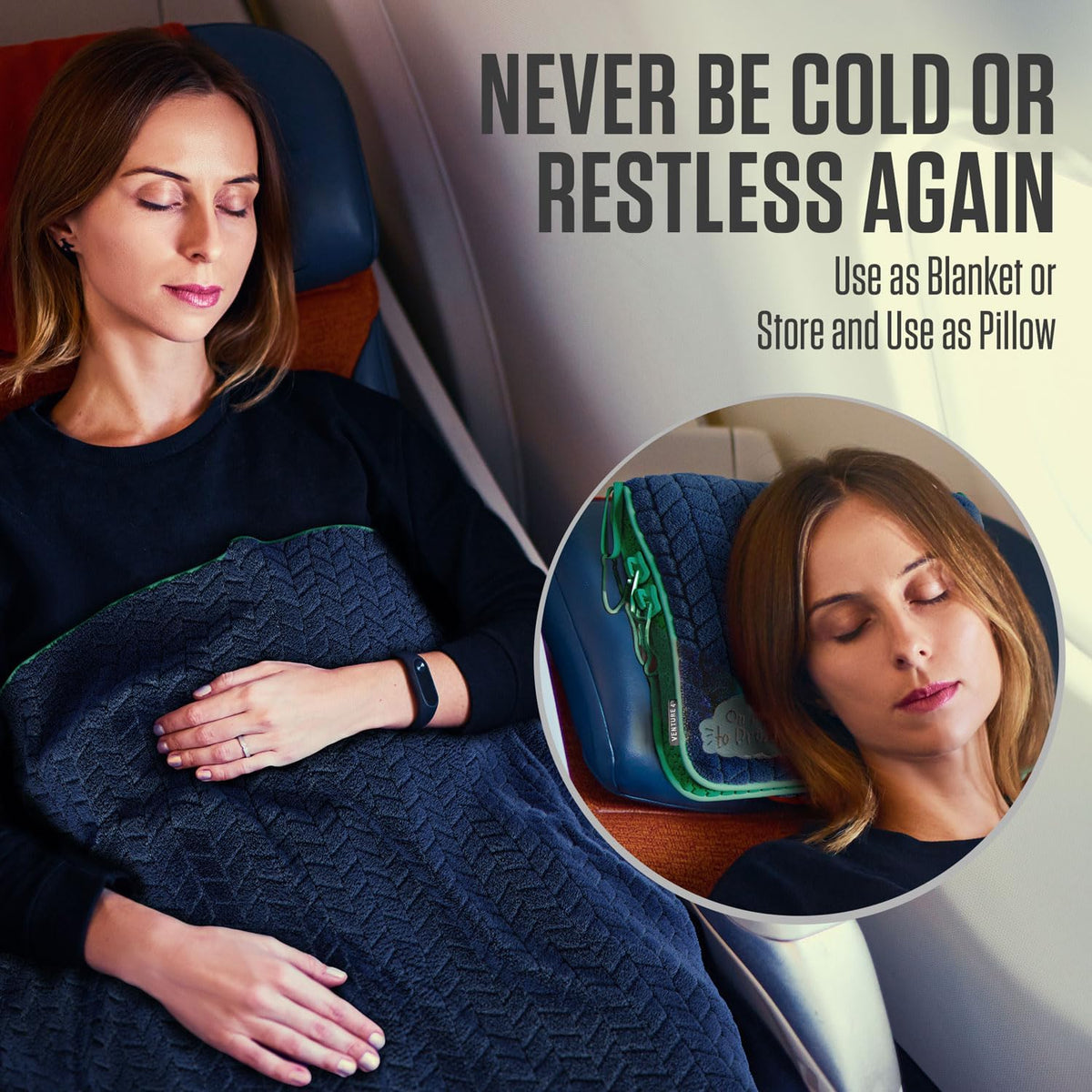 Travel Blanket Pillow, 2-in-1 Soft Plush - Navy/Teal