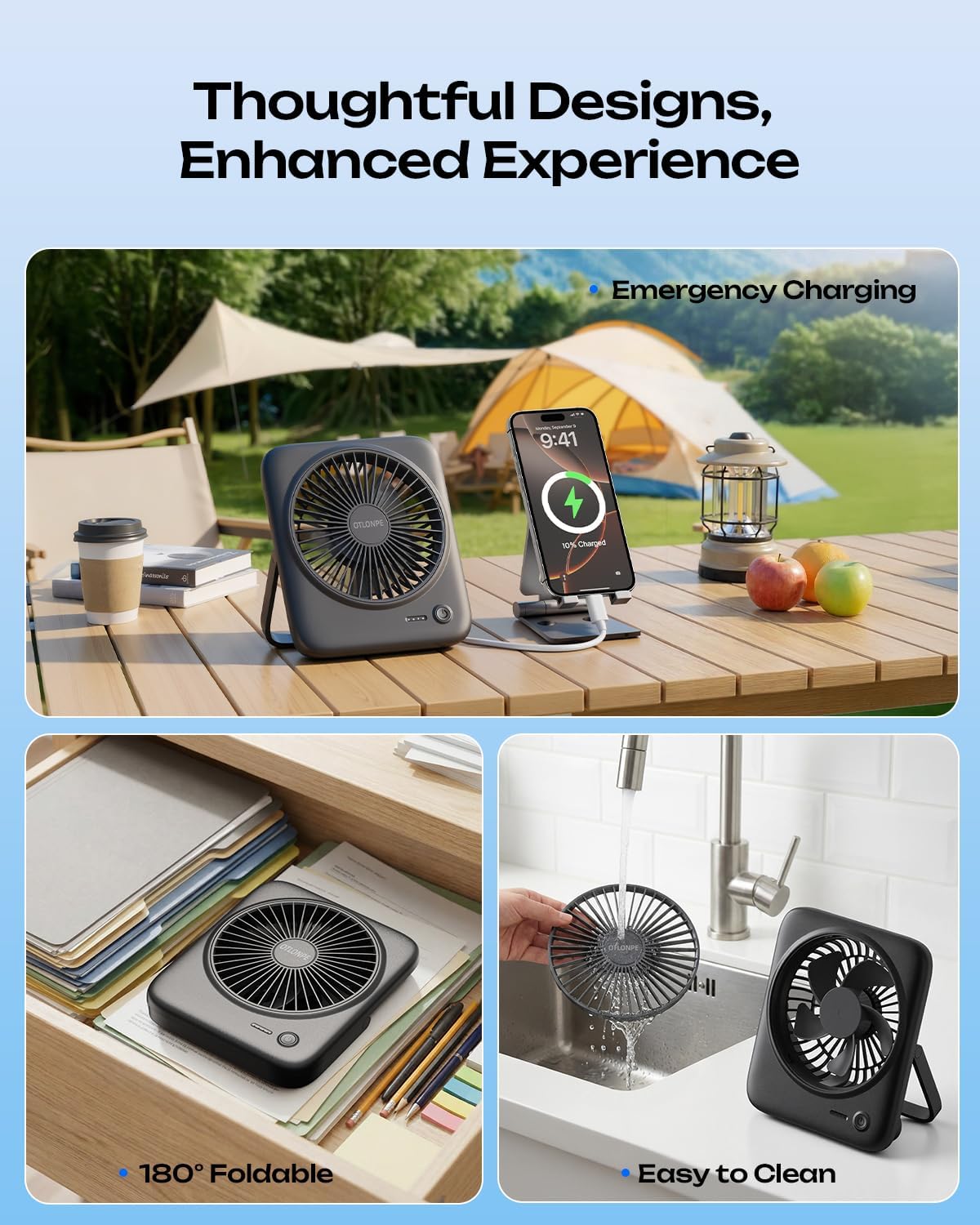 Personal Portable Desk Fan, 4000mAh Small Rechargeable Portable Fan Battery Operated & USB Powered for Travel Sleeping Bedroom Office Home Table, Cordless, Quiet, 4-Speed, 6.5 Inch (Black)