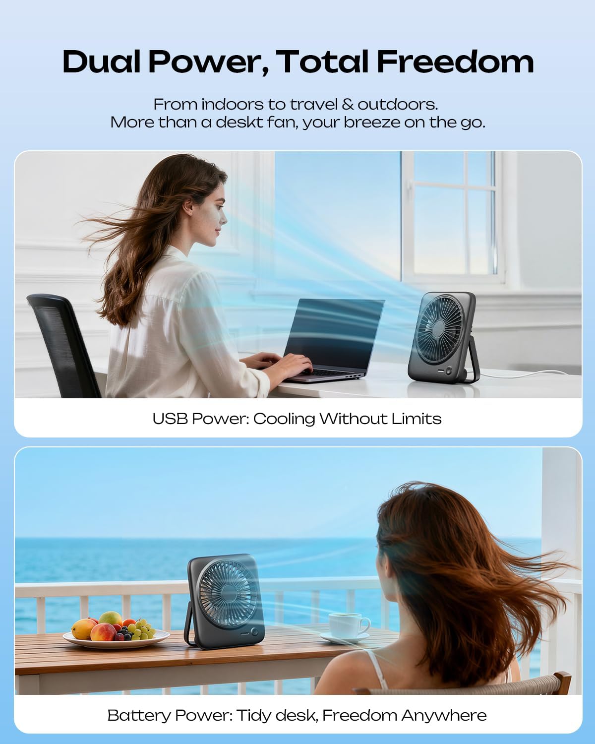 Personal Portable Desk Fan, 4000mAh Small Rechargeable Portable Fan Battery Operated & USB Powered for Travel Sleeping Bedroom Office Home Table, Cordless, Quiet, 4-Speed, 6.5 Inch (Black)