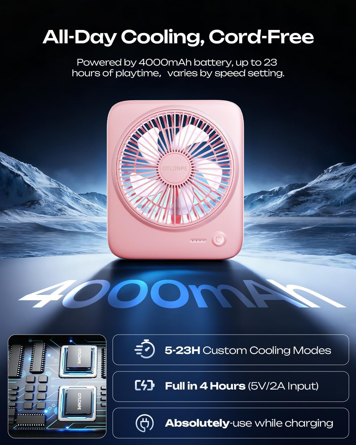 Personal Portable Desk Fan, 4000mAh Small Rechargeable Portable Fan Battery Operated & USB Powered for Travel Sleeping Bedroom Office Home Table, Cordless, Quiet, 4-Speed, 6.5 Inch (Black)