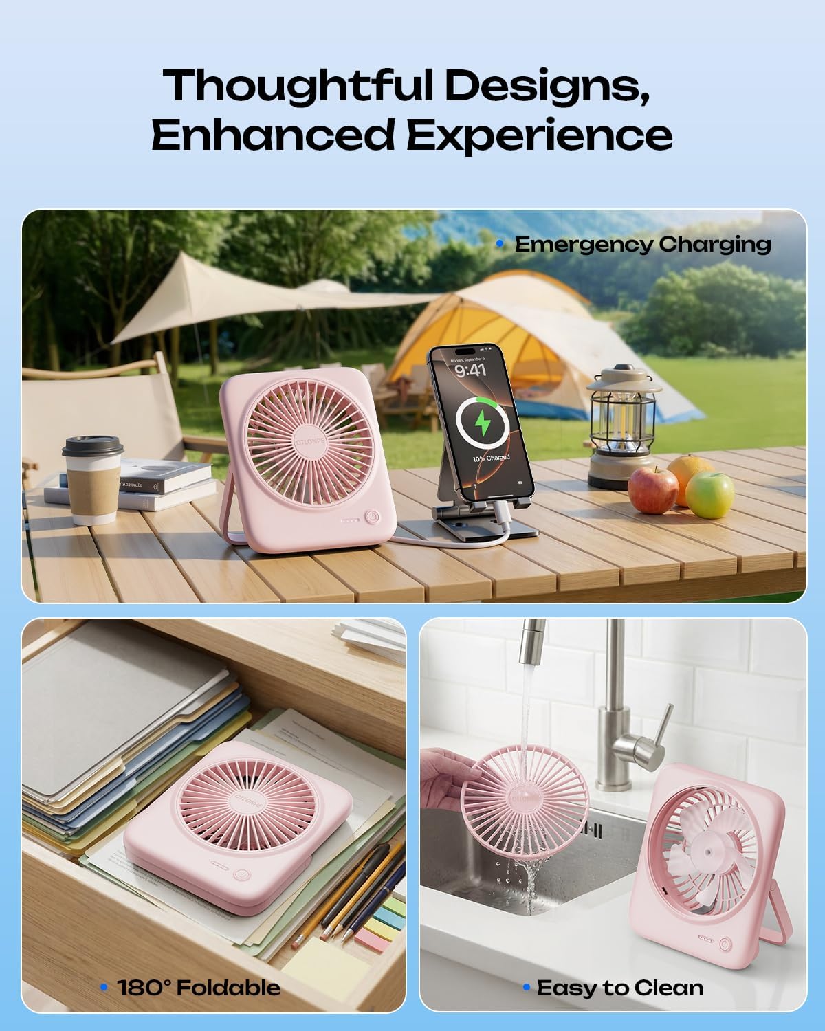 Personal Portable Desk Fan, 4000mAh Small Rechargeable Portable Fan Battery Operated & USB Powered for Travel Sleeping Bedroom Office Home Table, Cordless, Quiet, 4-Speed, 6.5 Inch (Black)