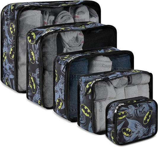 Batman Packing Cubes - 5 Piece Travel Essentials Luggage Organizer - Suitcase Bags - Batman, Superman, Joker Cube Set for Kids, Teens Adults
