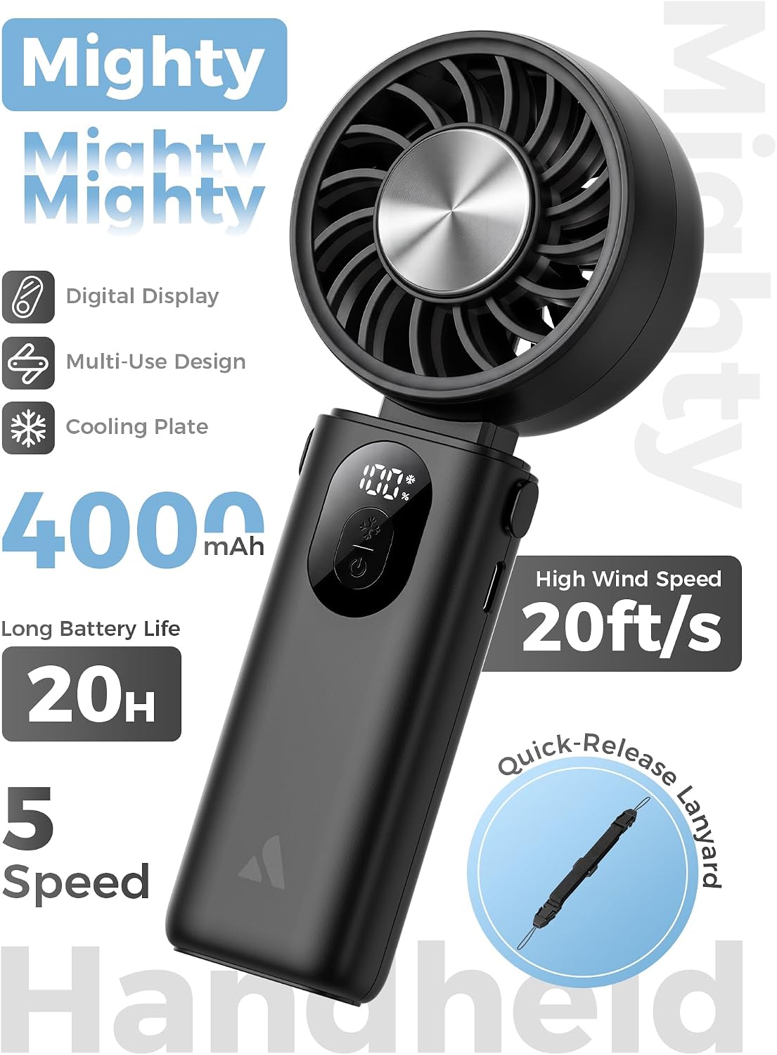 Mighty Portable Handheld Fan | 20H Max Cooling | 3 Flexible Modes