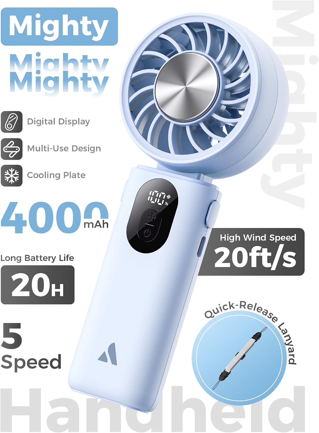 Mighty Portable Handheld Fan | 20H Max Cooling | 3 Flexible Modes