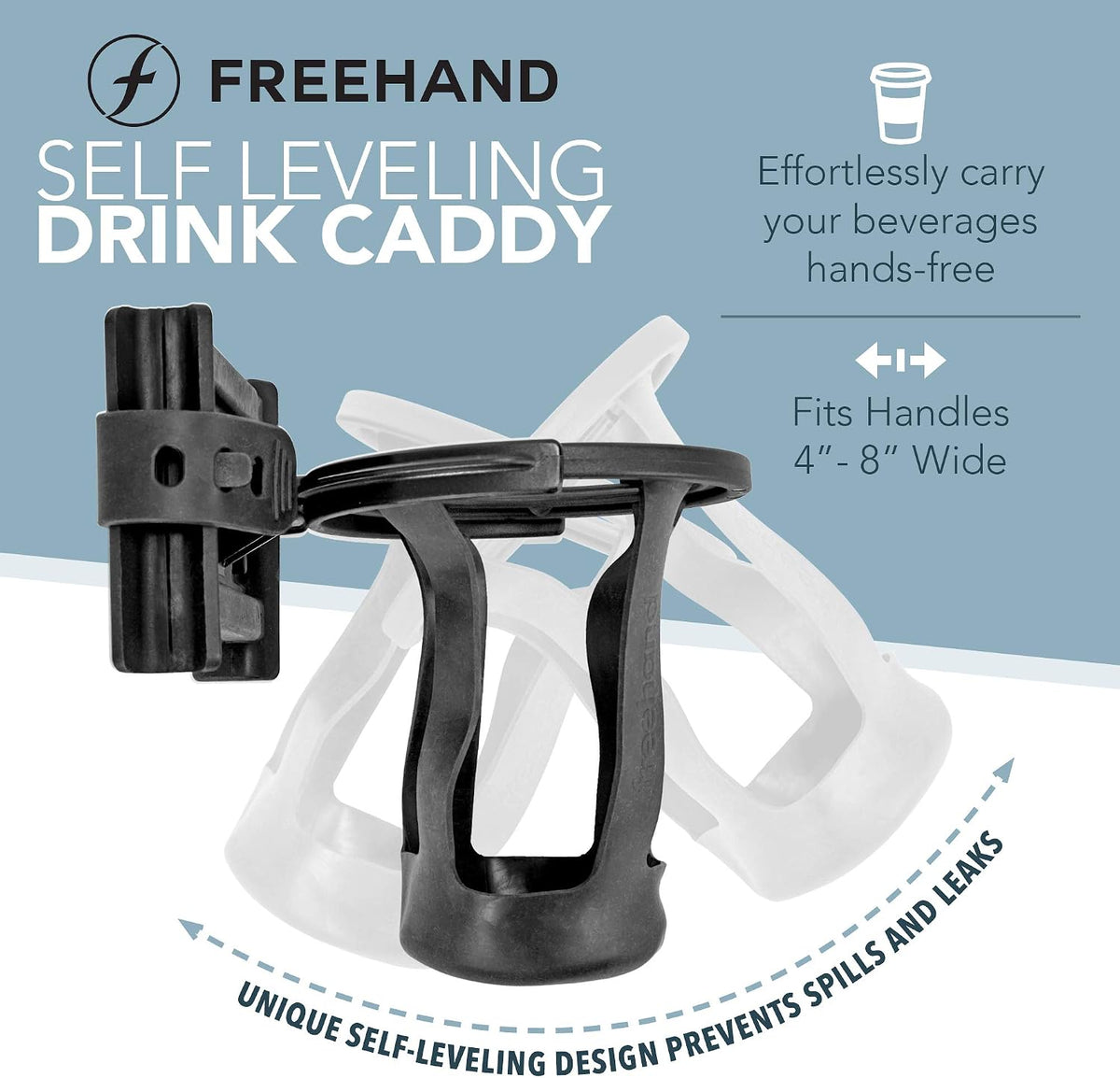 Luggage Cup Holder – Self Leveling Hands Free Drink Caddy – Fits Roll On Suitcase Handles - Holds 8 – 24 Ounce Coffee Cups or Up to 1 Liter Water Bottles Black