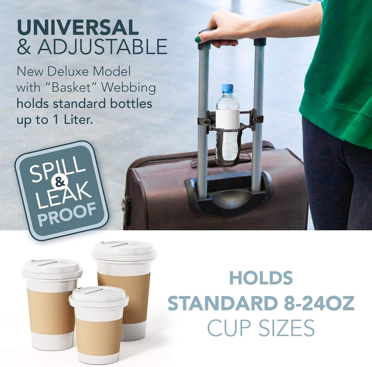 Luggage Cup Holder – Self Leveling Hands Free Drink Caddy – Fits Roll On Suitcase Handles - Holds 8 – 24 Ounce Coffee Cups or Up to 1 Liter Water Bottles Black